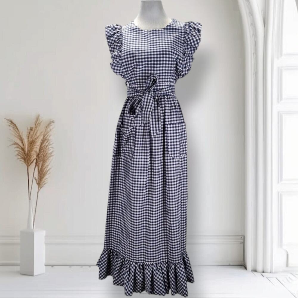 Vintage 70s Prairie Pinafore Maxi Dress Size 2 Gingham Open Back Cottagecore